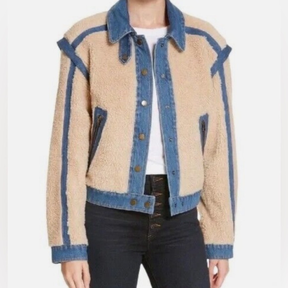 💔 SOLD Veronica Beard POTTER CROPPED DENIM-TRIM SHERPA JACKET IN OATMEAL S - Picture 4 of 8